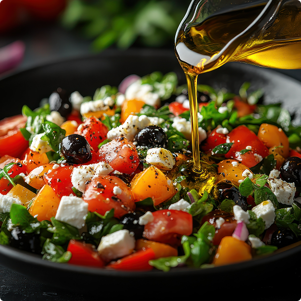 Olive oil being poured from glass container onto salad in black bowl containing tomatoes, olives, white cheese cubes, greens, and black pepper