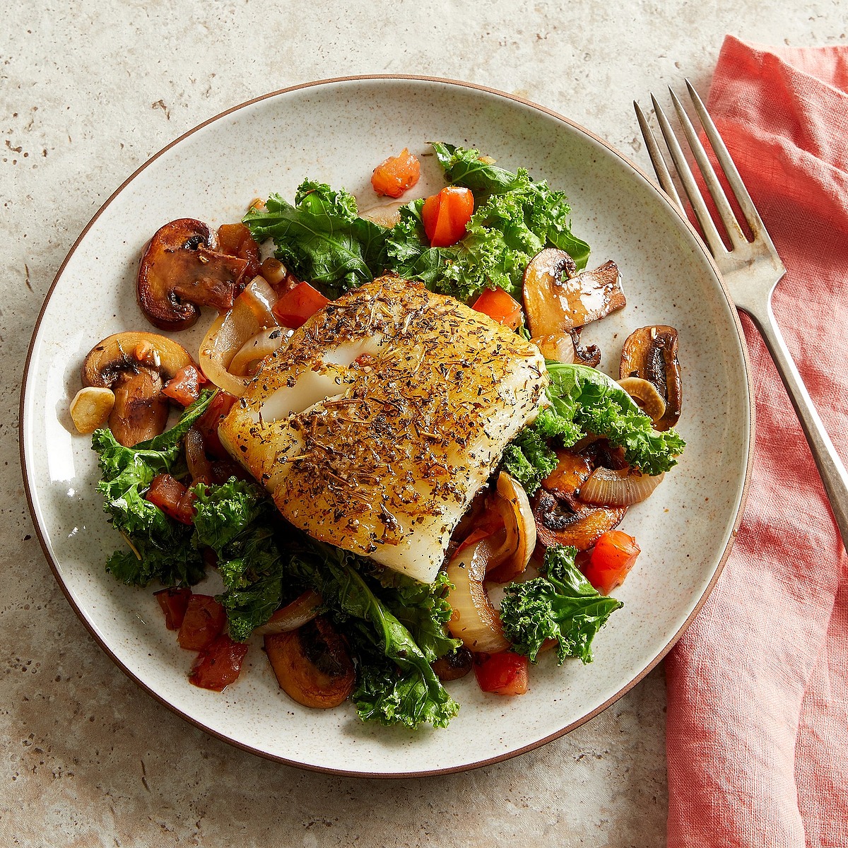 Herby Fish with Wilted Greens & Mushrooms