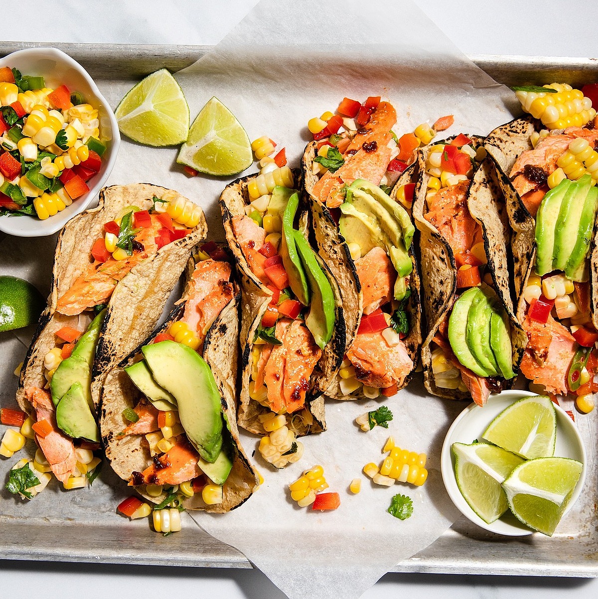 Roasted Salmon Tacos with Corn & Pepper Salsa