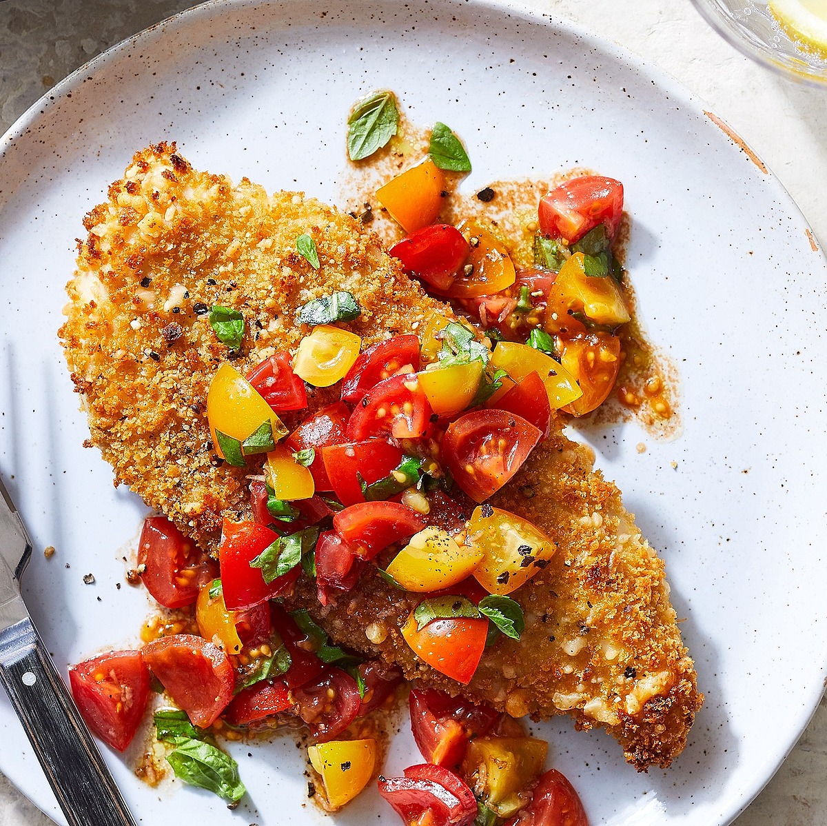 Bruschetta-Topped Crispy Baked Chicken