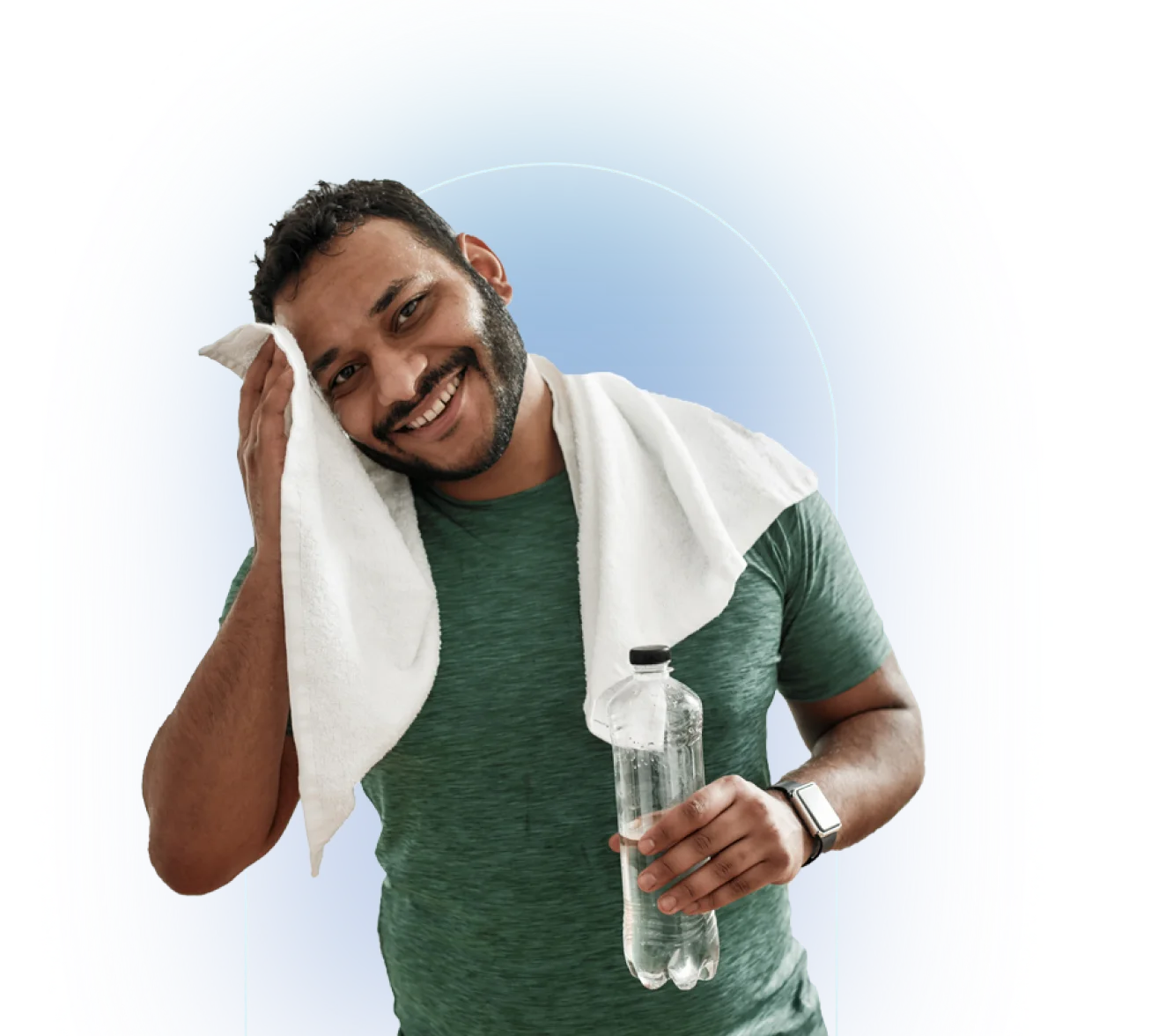 Person in olive green top with white towel around neck holds water bottle