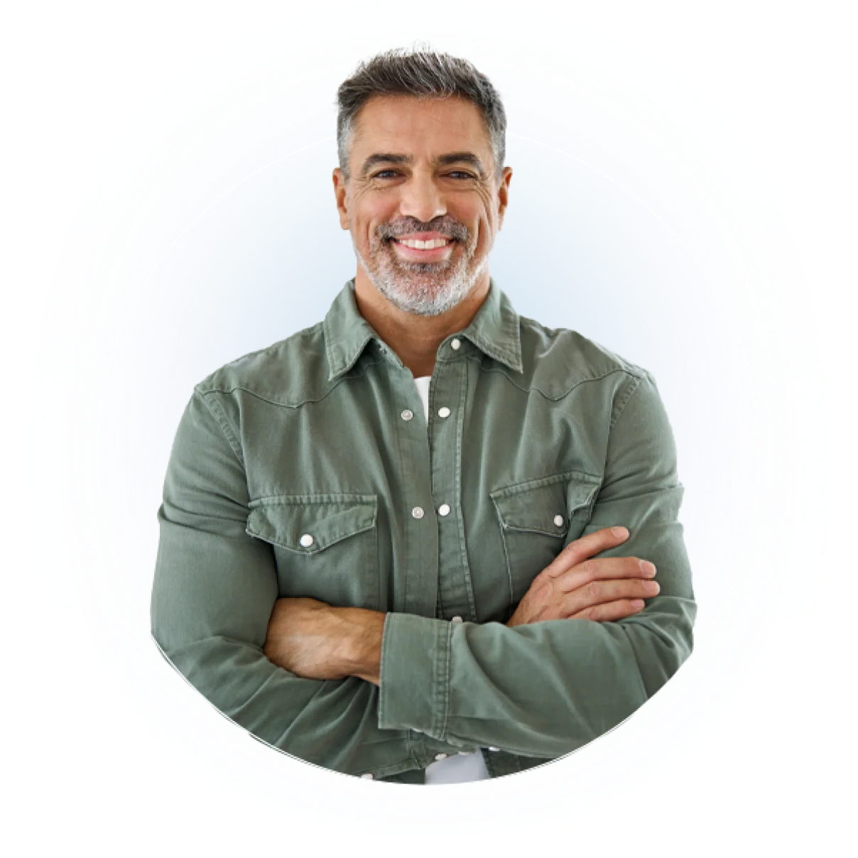 Person in olive green button-up shirt with arms crossed against white circular background