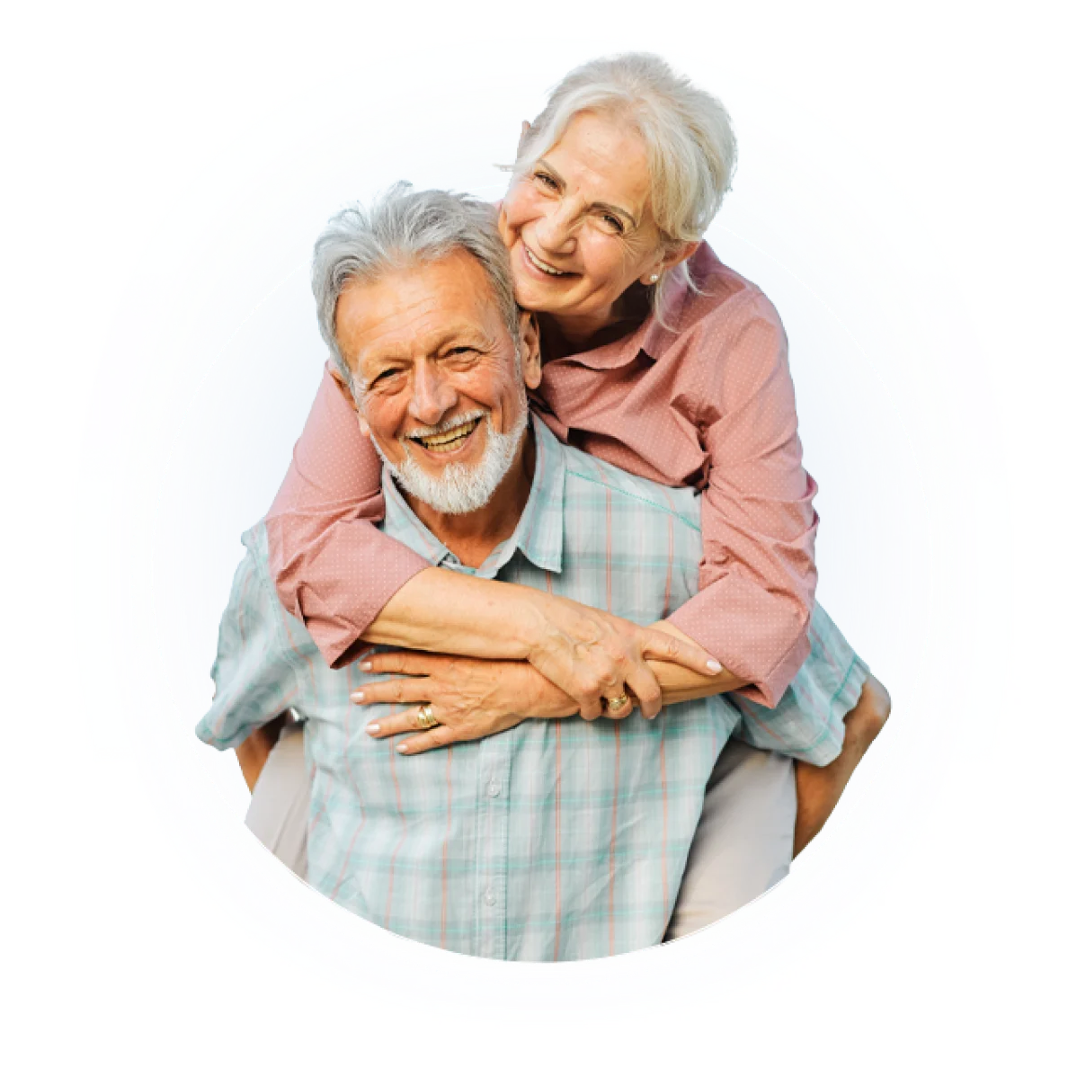 Two people stand together, one in mint green striped shirt, one in pink cardigan, against white circular background