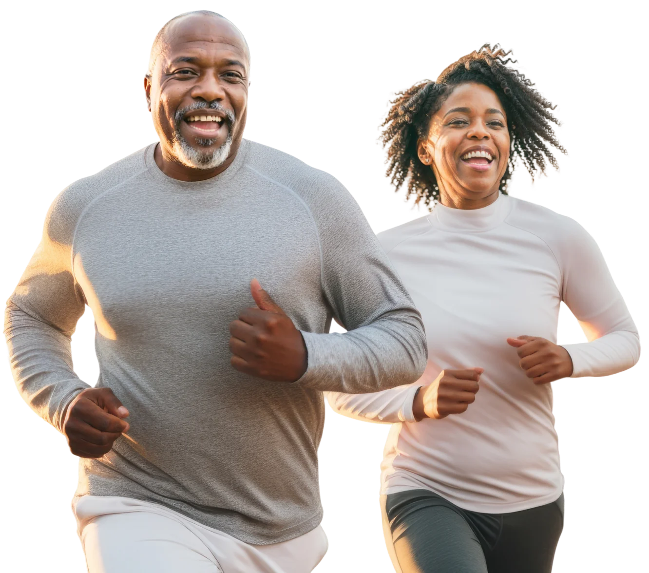 A man in a gray long-sleeve shirt and a woman in a white top run side by side against a black background