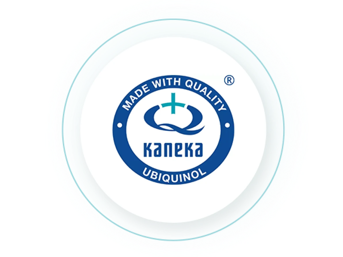 Kaneka Ubiquinol quality seal with blue circular badge showing "Made with Quality" text and registered trademark symbol