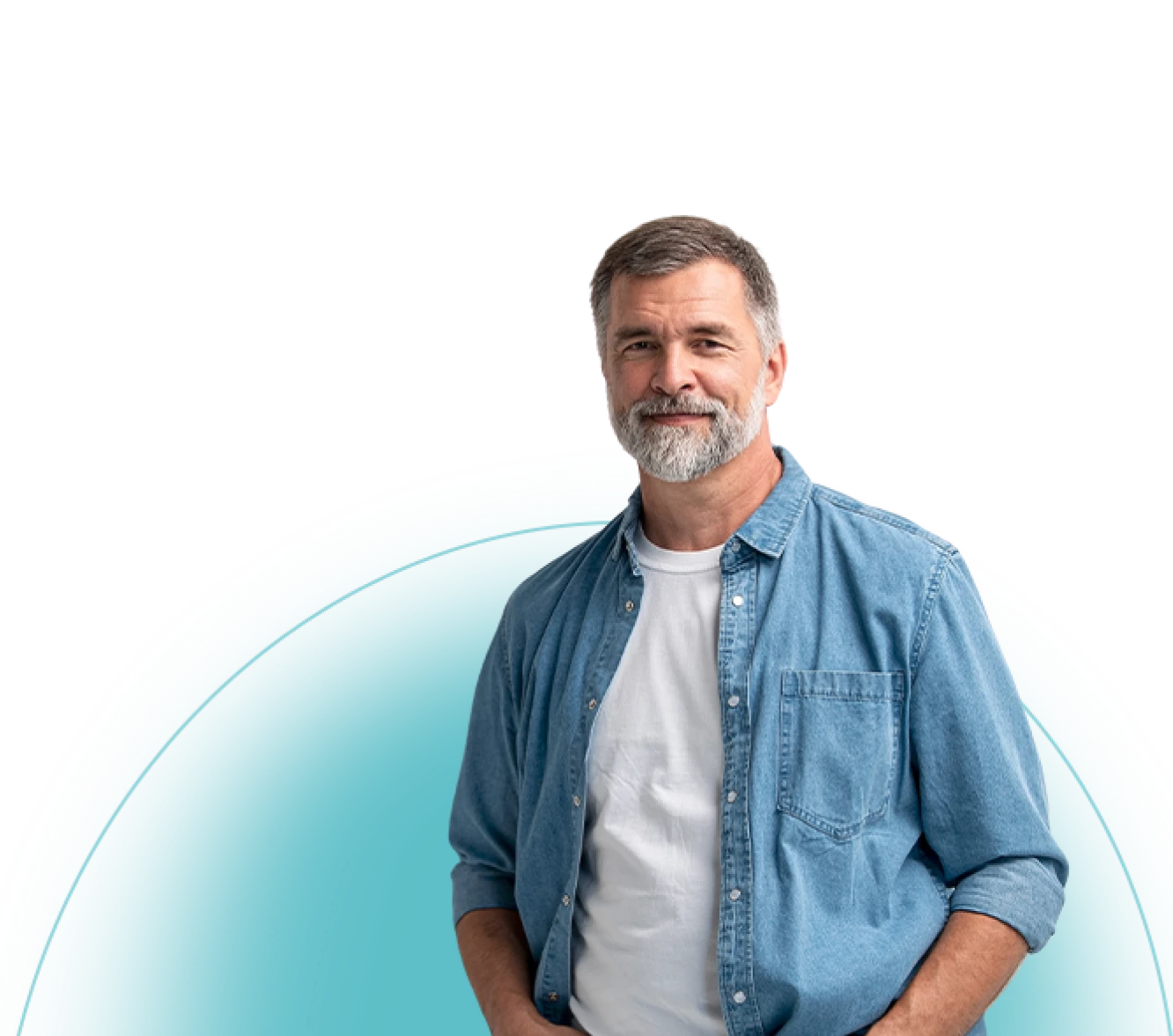 Person in open denim jacket over white shirt stands against light teal and white background