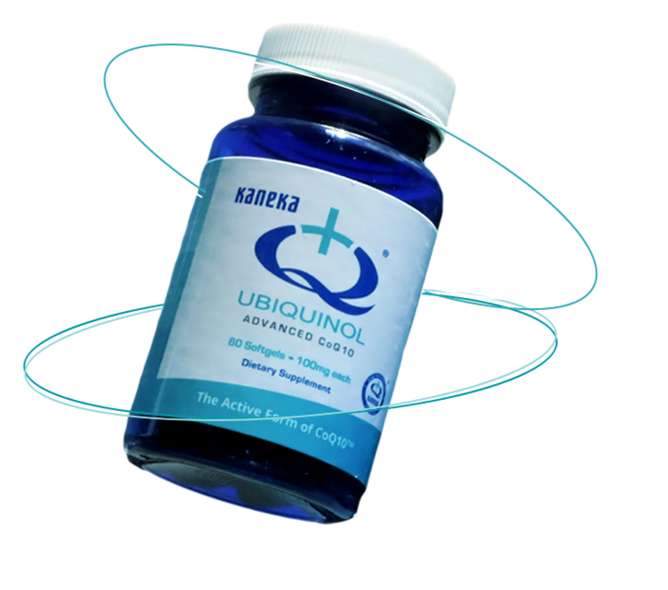 Kaneka Ubiquinol supplement bottle with blue label surrounded by light blue orbital rings on white background