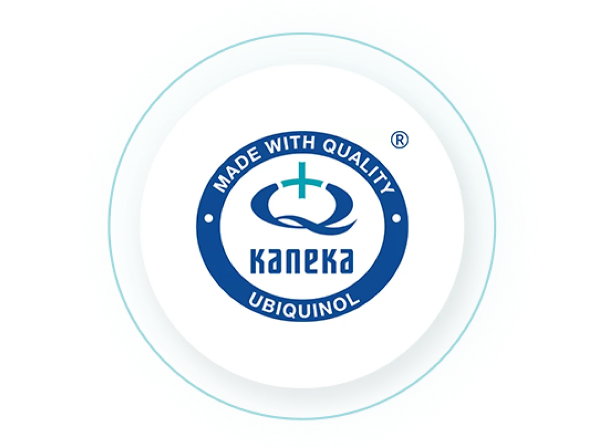 Kaneka Ubiquinol quality seal with blue circular badge showing "Made with Quality" text and registered trademark