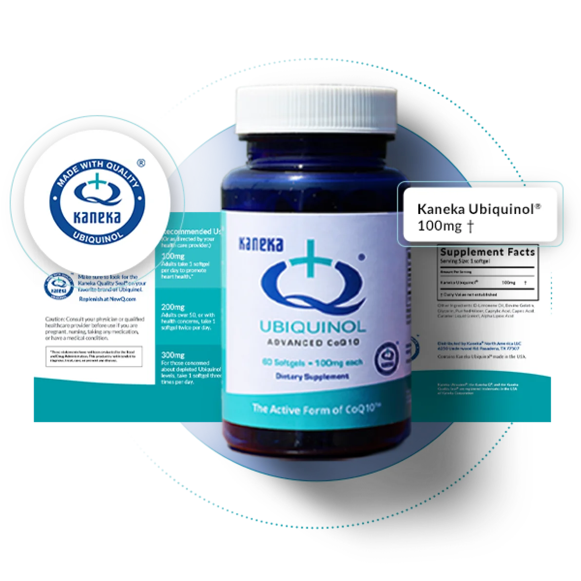 Kaneka Ubiquinol supplement bottle with blue label next to product packaging box on white surface