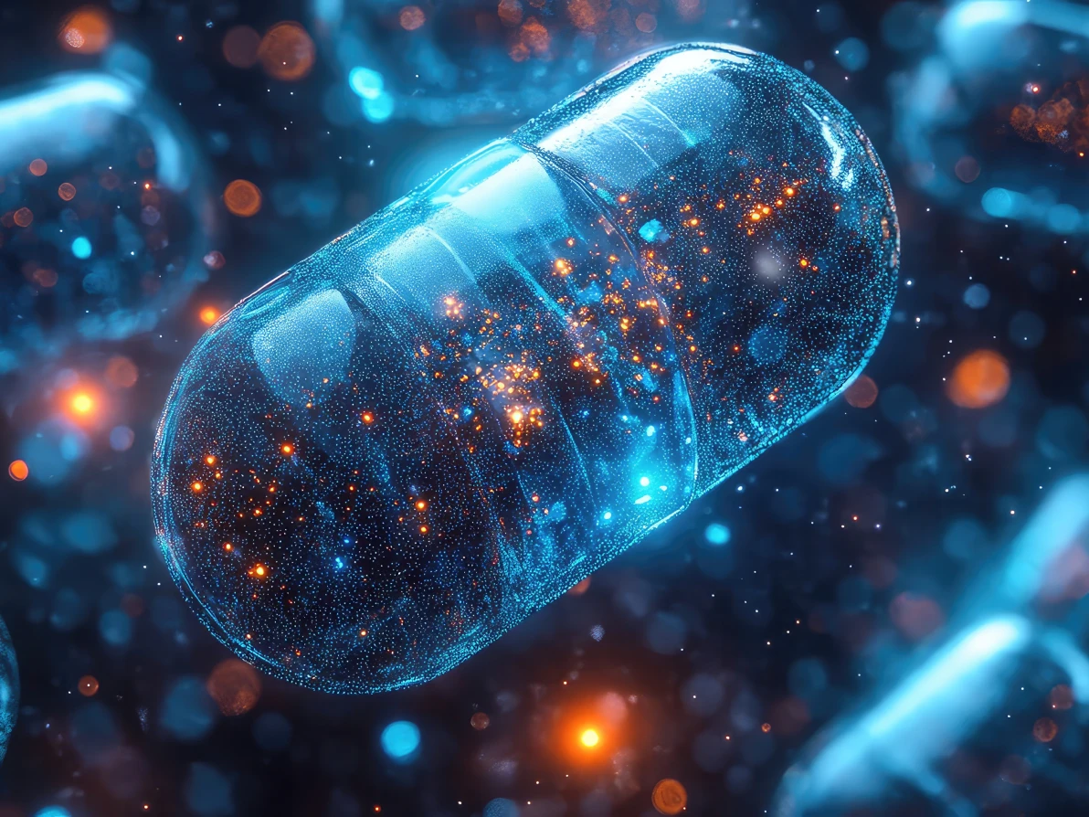 Translucent blue capsule with glowing particles and molecular structures on dark background