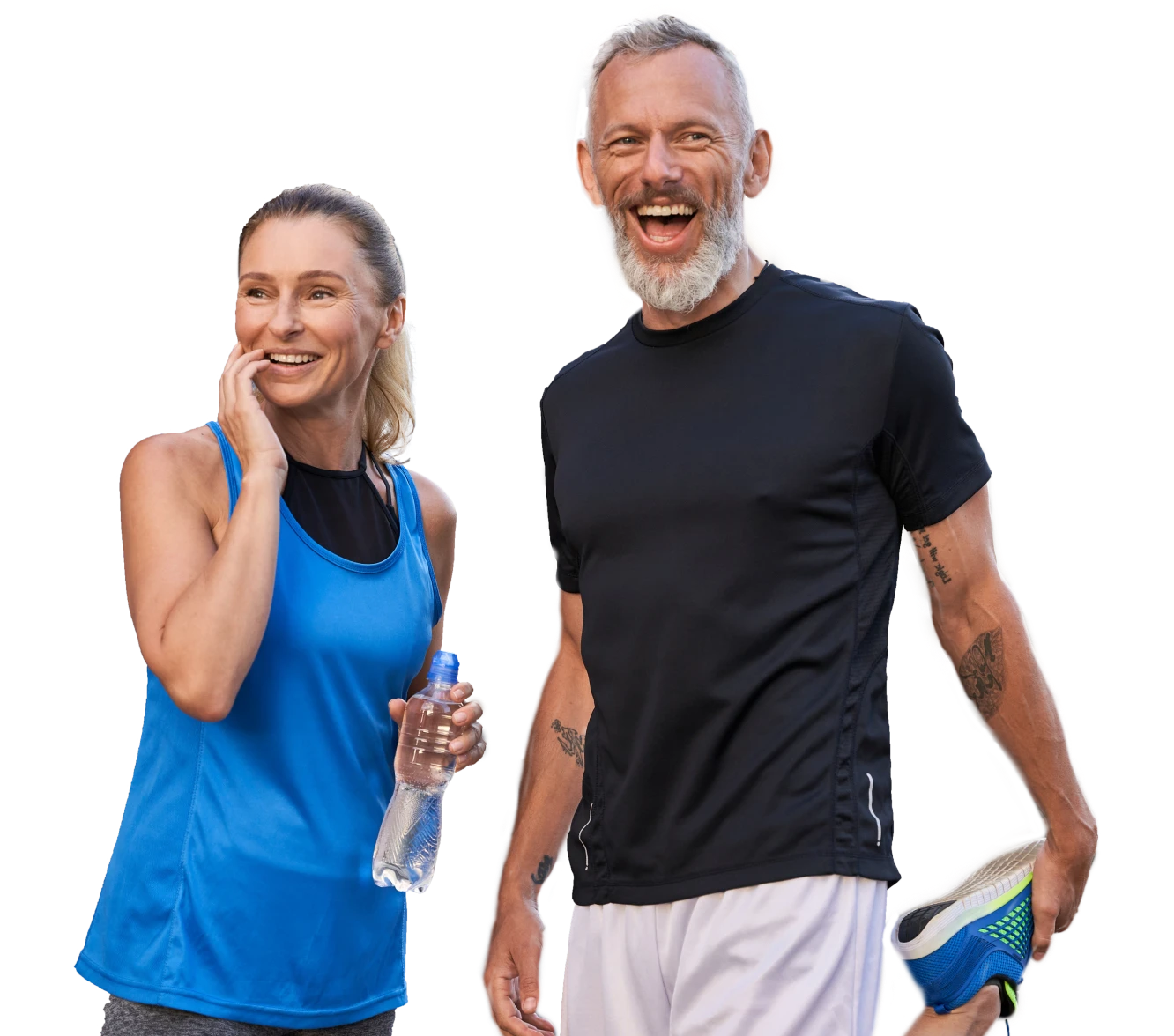Two people in athletic wear, one in blue tank top holding water bottle and one in black t-shirt with white shorts